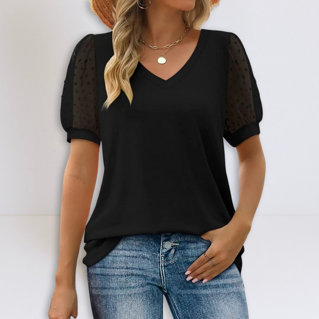 Alexandra | Sheer Sleeve V-Neck Top