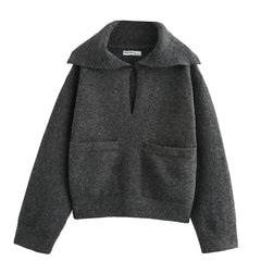 Ingrid Knitted Jacquard Sweater with Collar - Grey