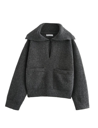 Ingrid Knitted Jacquard Sweater with Collar - Grey