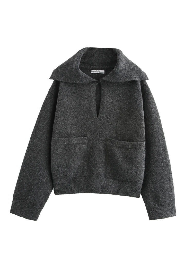 Ingrid Knitted Jacquard Sweater with Collar - Grey