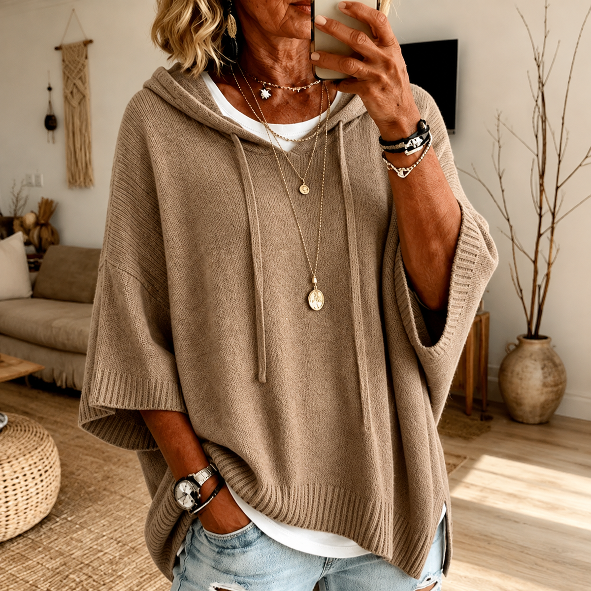 Brynn Poncho Sweater - Taupe