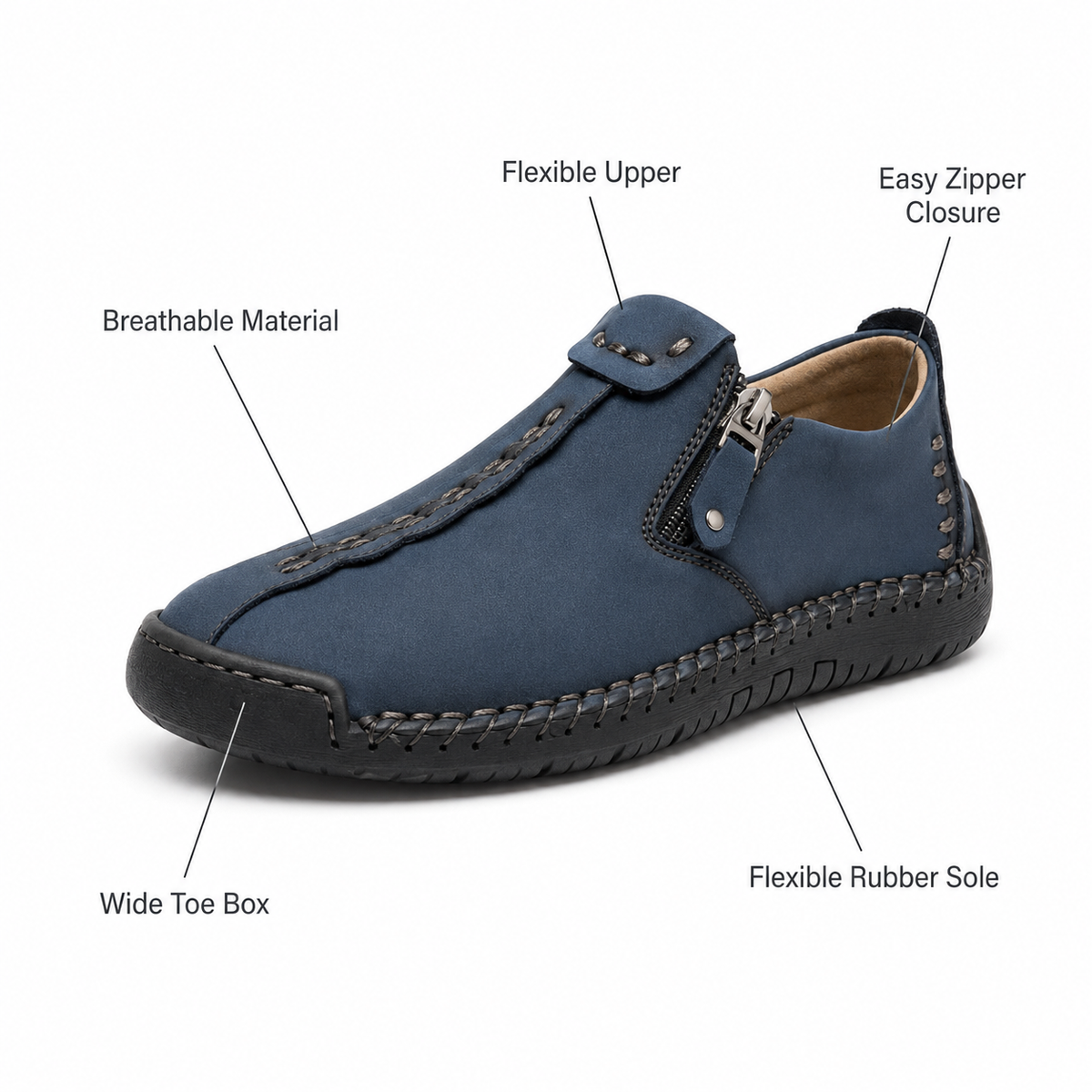 Anna™ – Hand-Stitched Slip-On Comfort Loafers | No-Bend Zipper, Wide Toe Box & All-Day Comfort