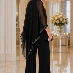 Celeste Beaded Chiffon Cape Pant Suit - Black