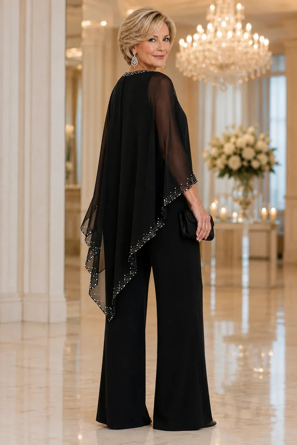 Celeste Beaded Chiffon Cape Pant Suit - Black