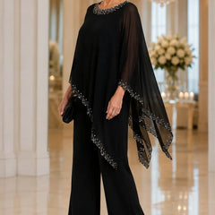 Celeste Beaded Chiffon Cape Pant Suit - Black