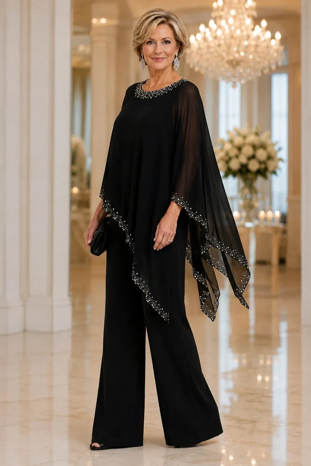Celeste Beaded Chiffon Cape Pant Suit - Black