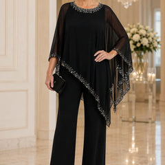 Celeste Beaded Chiffon Cape Pant Suit - Black