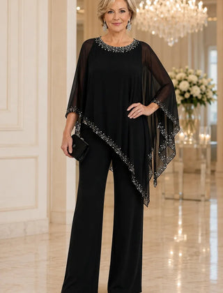 Celeste Beaded Chiffon Cape Pant Suit - Black
