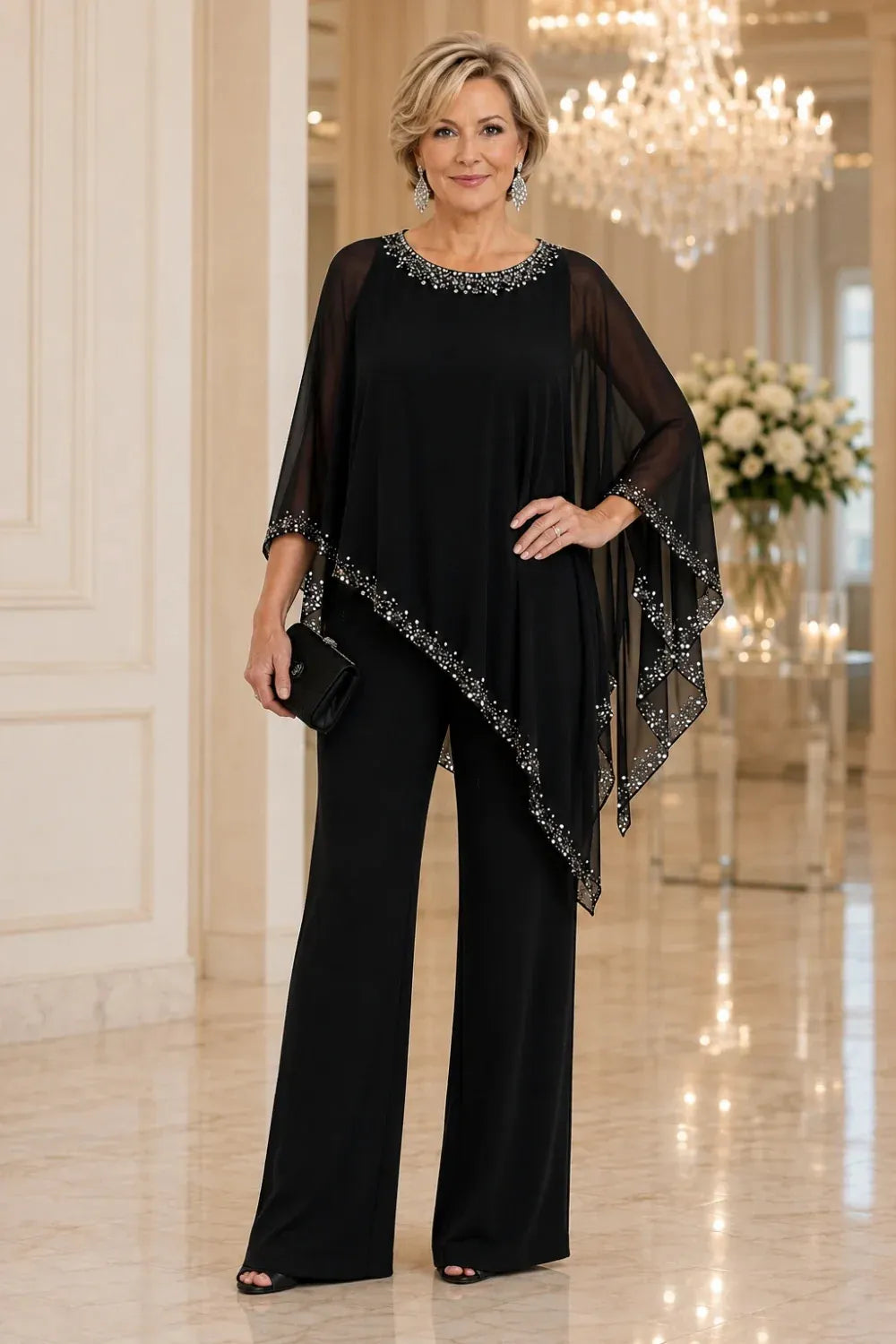 Celeste Beaded Chiffon Cape Pant Suit - Black