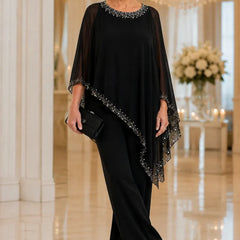Celeste Beaded Chiffon Cape Pant Suit - Black