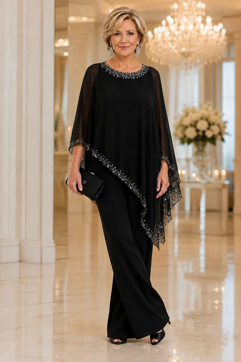 Celeste Beaded Chiffon Cape Pant Suit - Black
