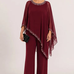 Celeste Beaded Chiffon Cape Pant Suit - Burgundy
