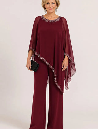 Celeste Beaded Chiffon Cape Pant Suit - Burgundy