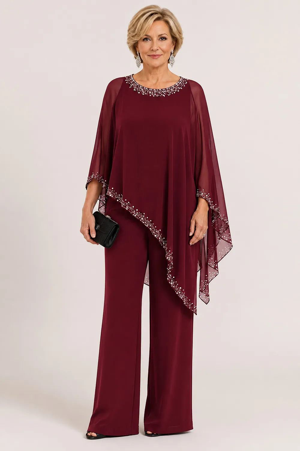 Celeste Beaded Chiffon Cape Pant Suit - Burgundy