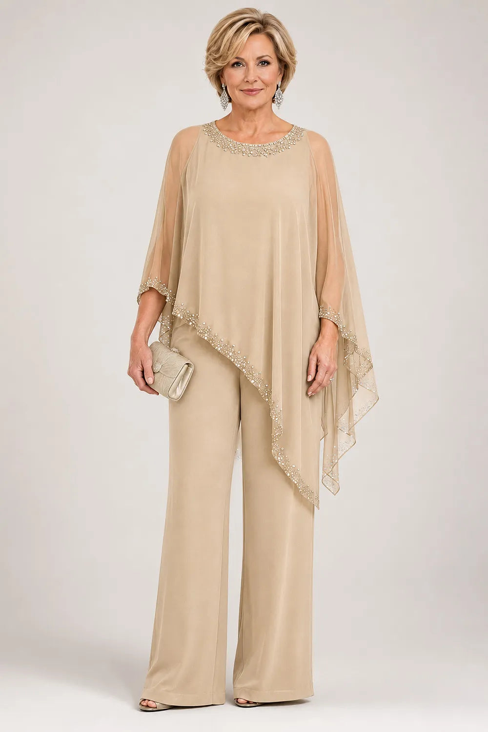 Celeste Beaded Chiffon Cape Pant Suit