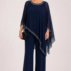 Celeste Beaded Chiffon Cape Pant Suit - Dark Navy