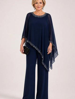 Celeste Beaded Chiffon Cape Pant Suit - Dark Navy