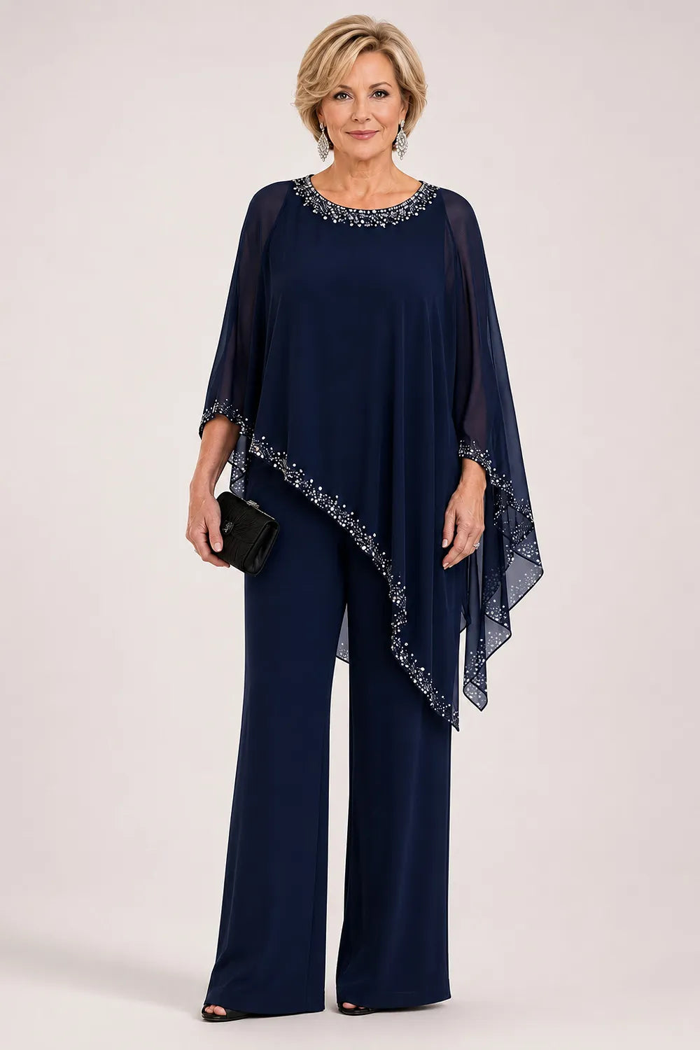 Celeste Beaded Chiffon Cape Pant Suit - Dark Navy