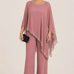 Celeste Beaded Chiffon Cape Pant Suit - Dusty Rose