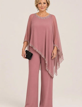 Celeste Beaded Chiffon Cape Pant Suit - Dusty Rose