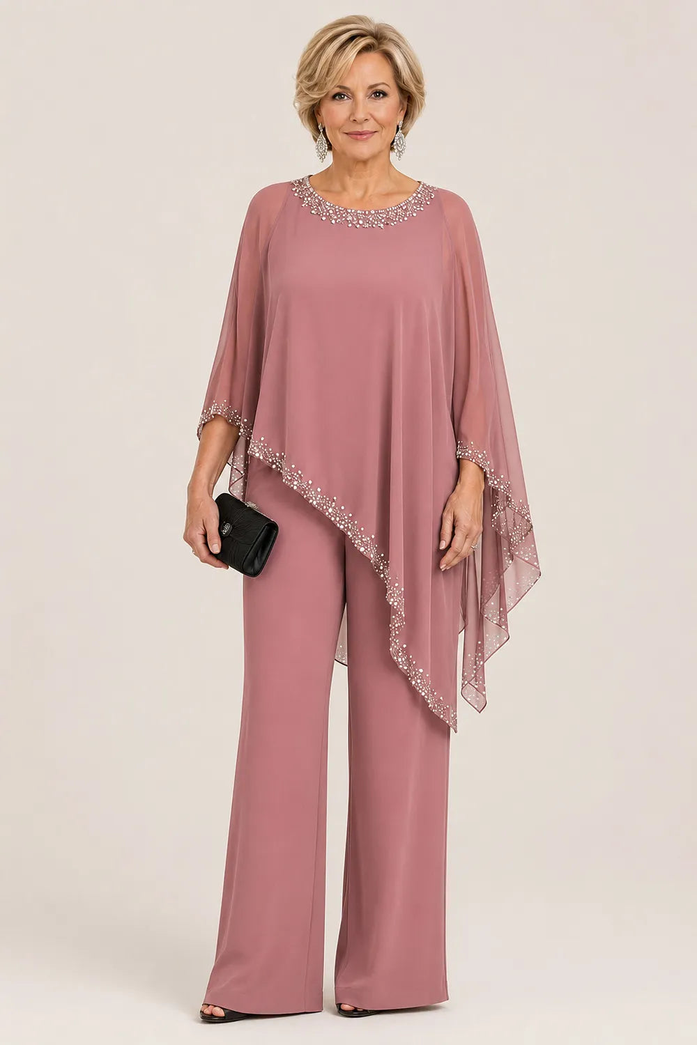 Celeste Beaded Chiffon Cape Pant Suit - Dusty Rose