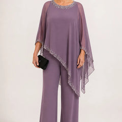 Celeste Beaded Chiffon Cape Pant Suit