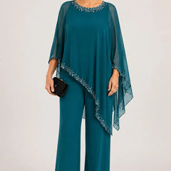 Celeste Beaded Chiffon Cape Pant Suit - Peacock Blue