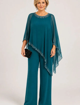 Celeste Beaded Chiffon Cape Pant Suit - Peacock Blue