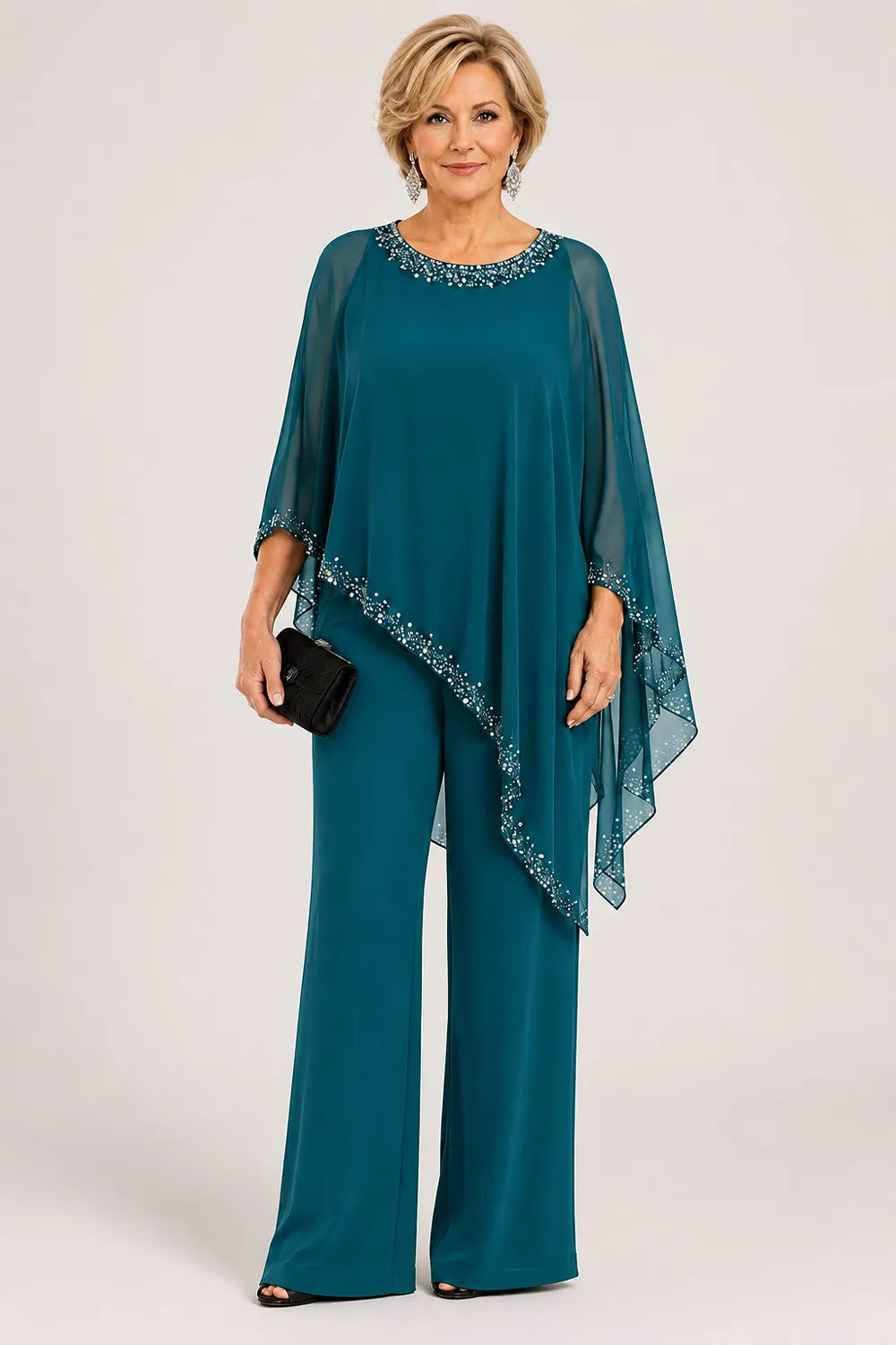 Celeste Beaded Chiffon Cape Pant Suit - Peacock Blue