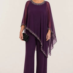 Celeste Beaded Chiffon Cape Pant Suit - Plum