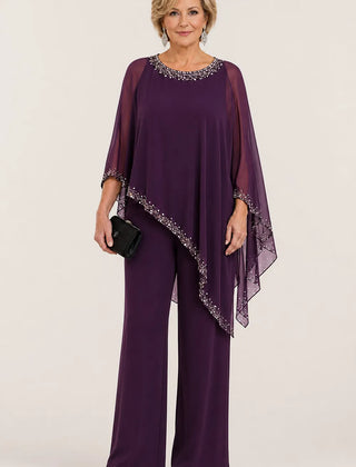 Celeste Beaded Chiffon Cape Pant Suit - Plum