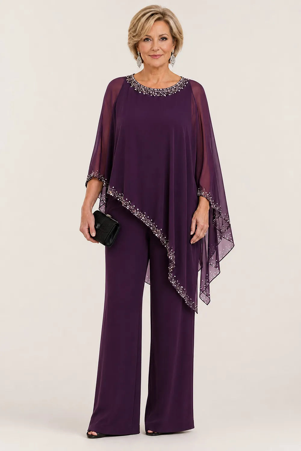 Celeste Beaded Chiffon Cape Pant Suit - Plum