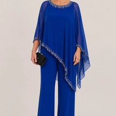 Celeste Beaded Chiffon Cape Pant Suit - Royal Blue