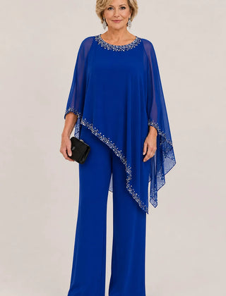 Celeste Beaded Chiffon Cape Pant Suit - Royal Blue