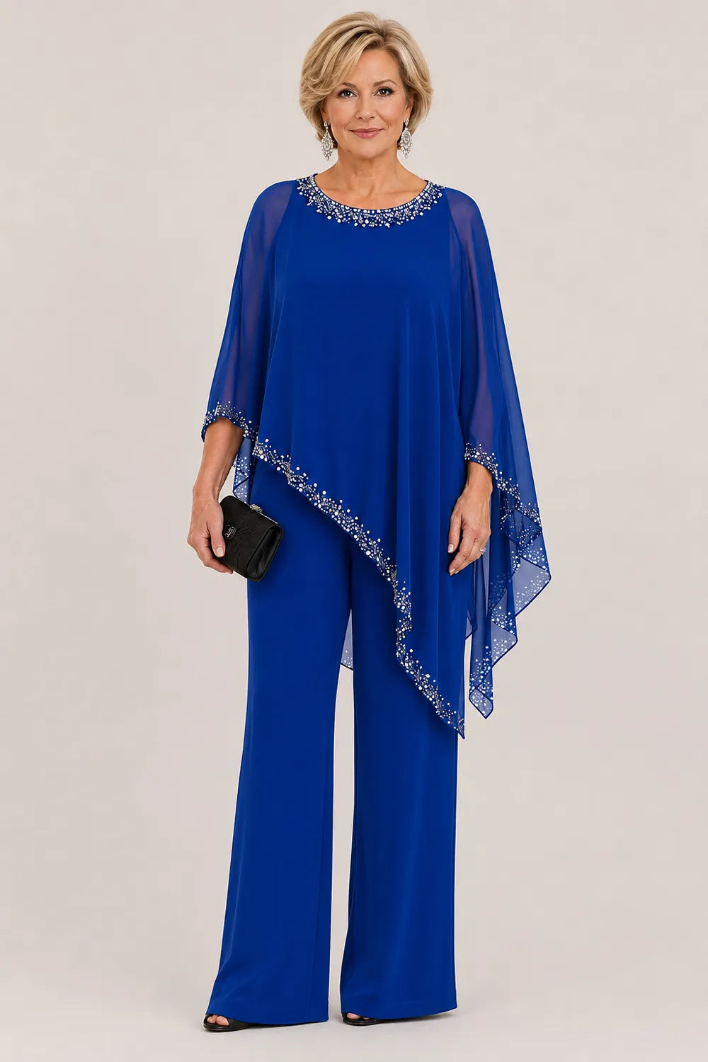 Celeste Beaded Chiffon Cape Pant Suit - Royal Blue