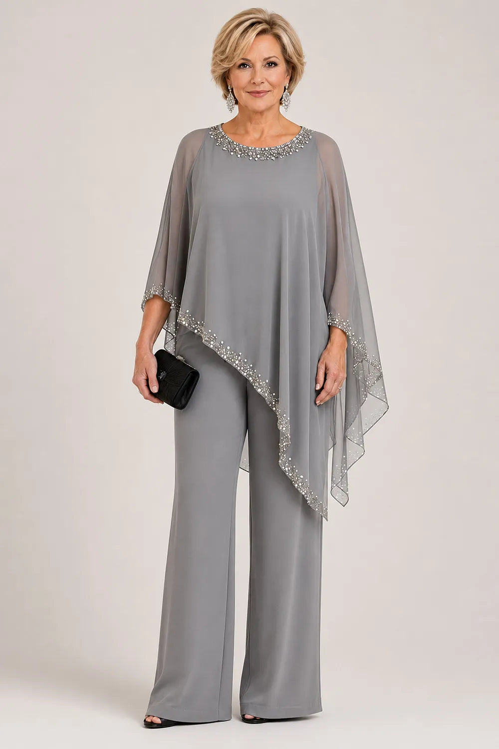 Celeste Beaded Chiffon Cape Pant Suit