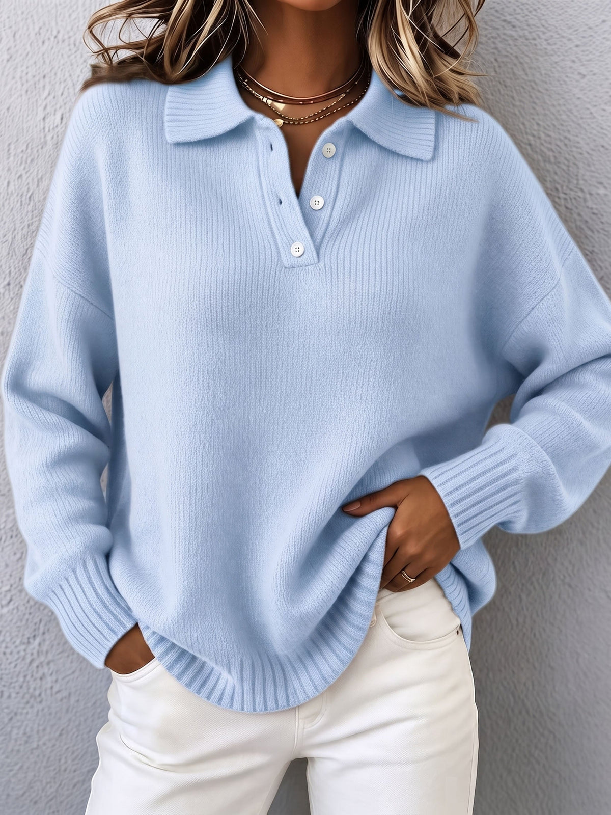 Vivian Polo Hooded Knit Sweater - Blue