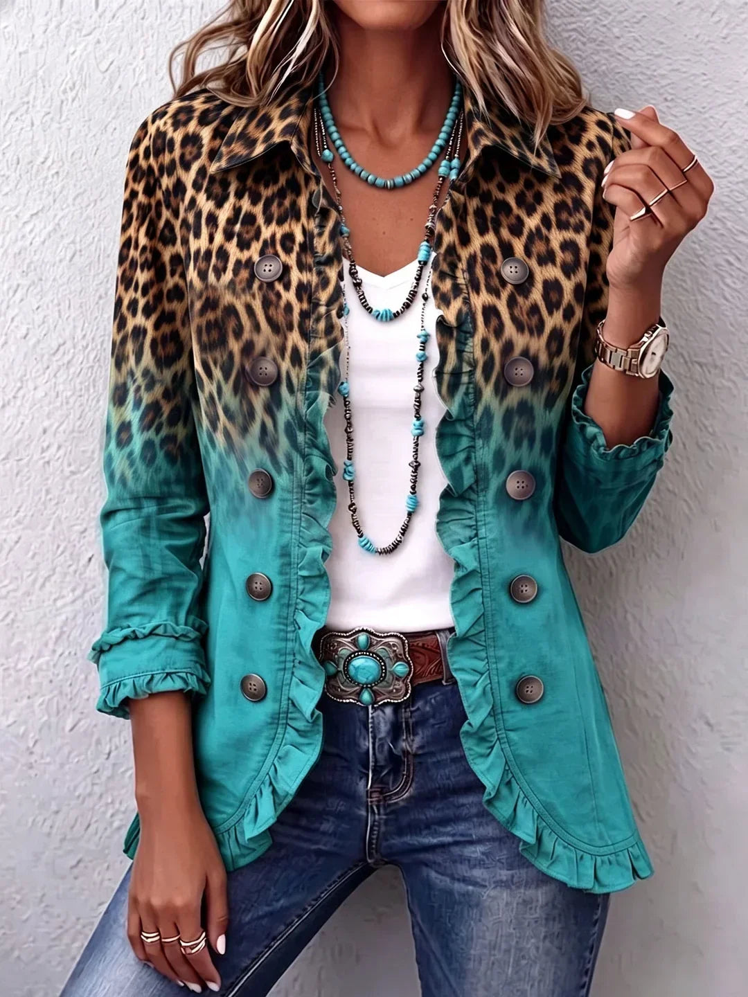Gwen Ruffled Jacket - Turquoise Leopard