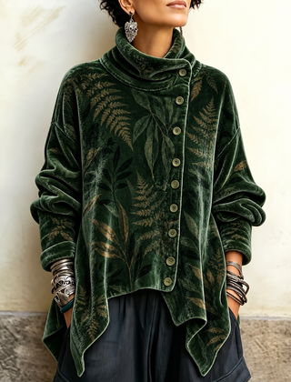 Kenna Velvet Asymmetric Button Tunic - Green