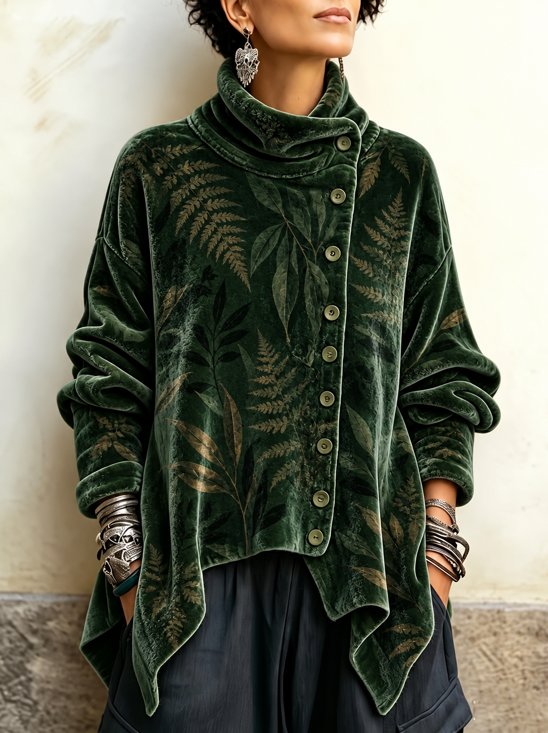 Kenna Velvet Asymmetric Button Tunic - Green