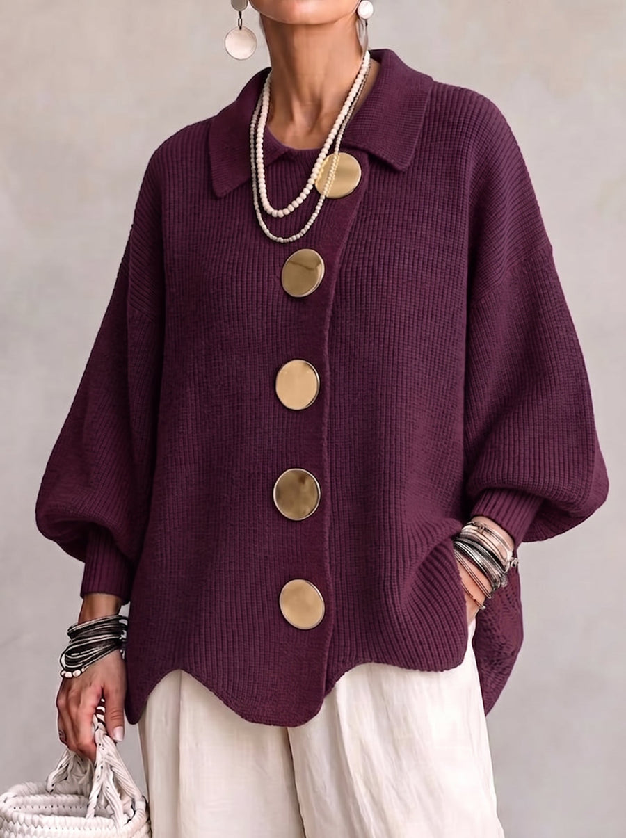 Marlene Collared Button Cardigan - Wine