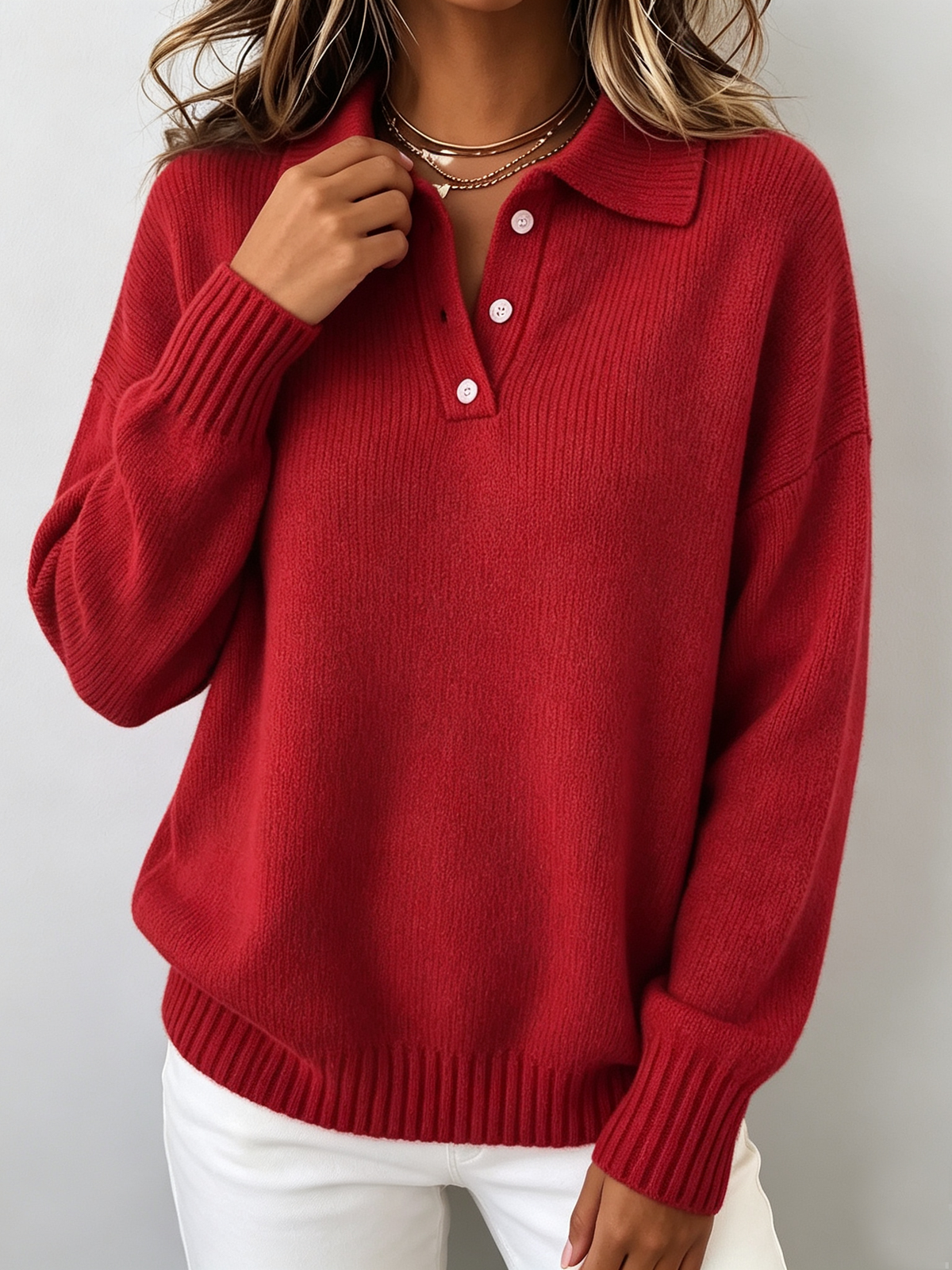 Vivian Polo Hooded Knit Sweater - Red
